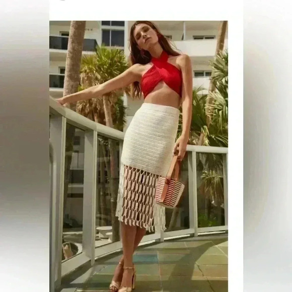 NEW AYNI Tarania Crochet Lined Open Stitch Fringe Skirt Mint Green Size Medium - Picture 3 of 10